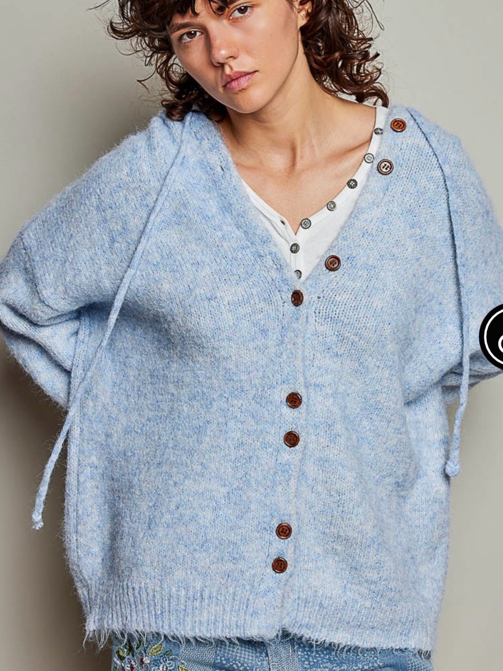 POL Light Blue Brushed Knit Button-Front V-Neck Cardigan
